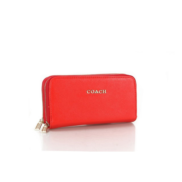 Coach Double Zip In Saffiano Small Red Wallets FFP