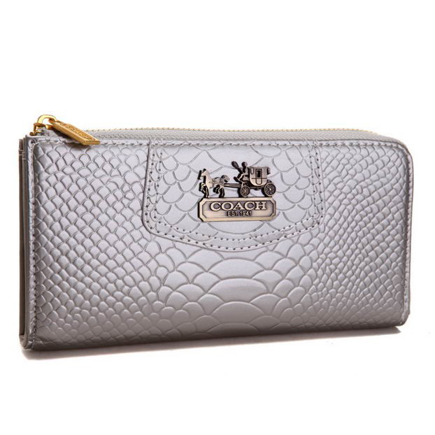 Coach Madison Continental Zip In Croc Embossed Large Silver Wallets AGK